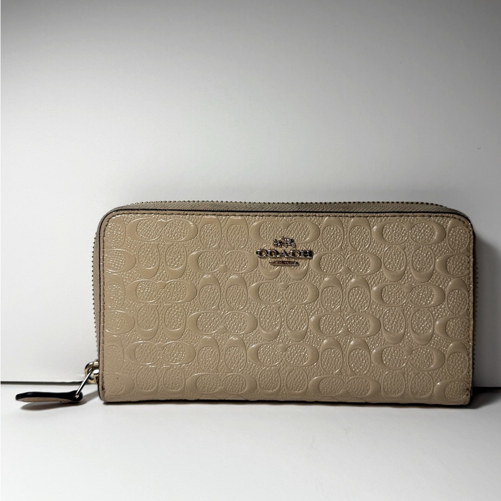 COACH Beige Signature Patent Leather Accordion Zip Around Wallet